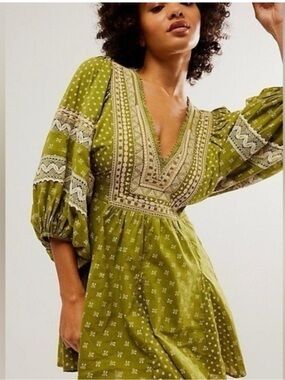 NWOT Free People Sweet Southwest Bohemian Green Mini Dress/ medium
